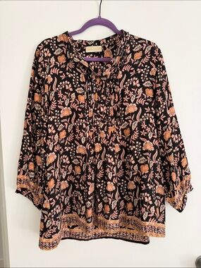 Natalie Martin Black Floral Pintuck Tunic with Pink & Orange Accents